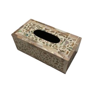 Caja de pañuelos rectangular de alta gama con incrustaciones de nácar y madera hecha a mano para decoración del hogar - Product Image 3