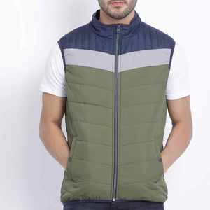 Chaleco Acolchado para Hombre, Color Verde Oliva con Rayas Azul Marino, Paneles de Poliéster en los Hombros, Sin Mangas, Cuello Acolchado, Térmico, Resistente, para Invierno - Product Image 1