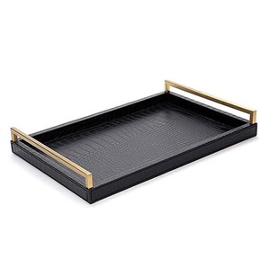 Plateau de service rectangulaire moderne en sarcelle profond avec élégantes poignées dorées, idéal pour organiser les objets et améliorer l'esthétique de la maison - Product Image 5