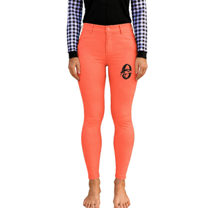 Pantalon d'équitation taille haute extensible pour femme, orange corail, avec grip aux genoux, pour entraînement et compétition - Product Image 1