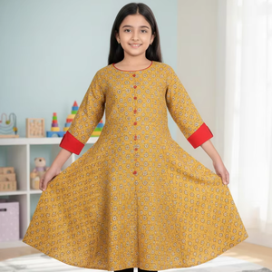 ชุดอานาร์กาลีผ้าฝ้ายพิมพ์ลายดอกไม้สำหรับผู้ใหญ่ สีเหลือง ทรงบาน สไตล์ชาติพันธุ์  แบบดั้งเดิม สำหรับงานเทศกาล  ใส่สบายๆ ในฤดูร้อน - Product Image 1