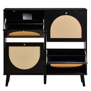 Scarpiera in Rattan a 2 File e 4 Contenitori, con Piedini Alti, 105x24x98cm, Telaio Nero + Pannello Truciolare Originale + Rattan Sintetico Nero - Product Image 3