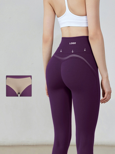 Full Length High Waist Solid Purple Yoga With <b>Pockets</b> Seamless Elastic Waist Four-Way Stretch Yoga <b>Leggings</b> By Run Apparel - Product Image 3