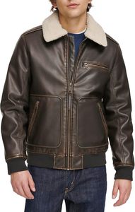 Blouson aviateur en cuir de vachette marron pour homme avec col en fourrure de mouton, fermeture éclair, coupe classique, style moto d'hiver - Product Image 2