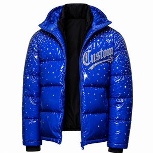 Custom Glossy Blue Puffer <b>Jacket</b> Rhinestone Street Style <b>Winter</b> Bubble Coat Oversized Warm Zip Up Fashion Outerwear - Product Image 1