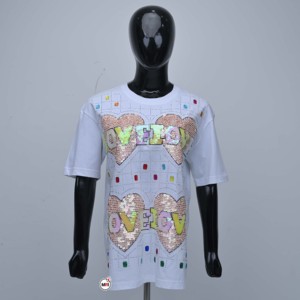 T-shirt blanc à manches courtes pour femme, imprimé cœurs à paillettes, col rond, coupe décontractée, jersey, coupe régulière, 100 % coton - Product Image 1