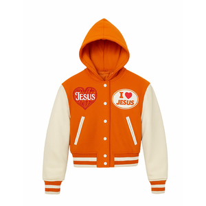 เสื้อแจ็คเก็ตฮู้ดดี้สีส้มสำหรับผู้หญิง ติดกระดุมแป๊กด้านหน้า ปักลายปักแบบกำหนดเอง เสื้อคลุมลำลองสไตล์สตรีทแวร์ - Product Image 1