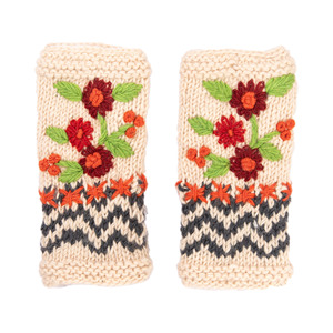 Felted Wool Fingerless Mittens with Embroidered Floral Design – Handmade Knit <b>Wrist</b> <b>Warmers</b> for Women, Bulk Wholesale - Product Image 1