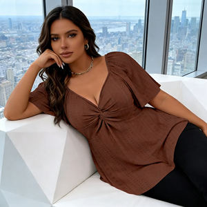 Oferta especial en Temu: Blusa para mujer de talla grande, color marrón, con nudo en la parte delantera, cuello en V, manga corta fluida, bajo asimétrico, estilo túnica informal. - Product Image 2