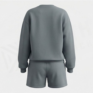 Conjunto de 2 Piezas para Mujer, Sudadera y Pantalones Cortos de Punto, Cuello Redondo, Color Sólido, Corte Holgado, Estilo Casual, Largo por Encima de la Rodilla, 100% Algodón - Product Image 2