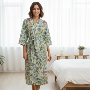Bata Kimono de Algodón Floral Verde Salvia, Manga Larga, Cuello en V, Hecha a Mano, para Descanso y Spa, Larga, con Bolsillos - Product Image 4