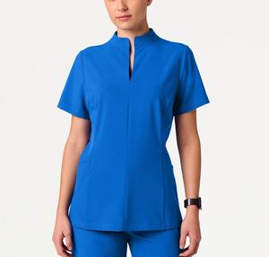 Conjunto de Uniforme Médico Azul para Mujer, Pantalones de Algodón y Poliéster, Blusa de Manga Corta con Cuello para Estetoscopio - Product Image 2