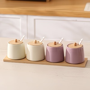 Elegante juego de recipientes de almacenamiento para cocina con tapa de madera, ranura para cuchara y bandeja de servicio, organizador compacto para encimera para té, café y azúcar - Product Image 3
