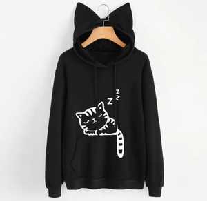 Sweat à capuche oreilles de chat avec imprimé chat endormi pour femme, vêtement décontracté d'automne en coton tricoté, coupe oversize avec poche avant - Product Image 6