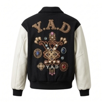 Veste universitaire unisexe en laine enduite, noire et blanche, avec patch brodé, design décontracté pour l'hiver, logo frontal, service ODM/OEM disponible