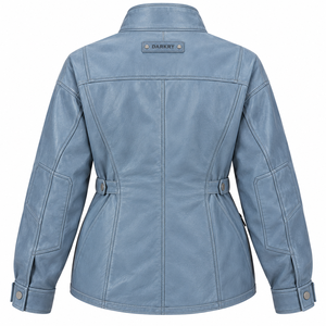 Chaqueta de Campo de Piel de Cordero Genuina Azul Polvoriento para Mujer, Abrigo Utilitario Ligero de Cuero con Cuello a Presión, Forro Acolchado y Cintura Ajustable - Product Image 2