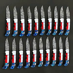Lot of Damascus Steel Folding <b>Knives</b> American Theme Back <b>Lock</b> EDC Pocket <b>Knives</b> Wholesale Pack with Leather Sheath - Product Image 5
