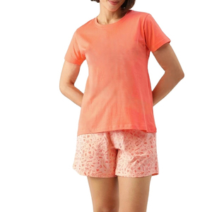 Conjunto de 2 Piezas para Mujer, Shorts de Punto Color Coral, Cuello Redondo, Manga Corta, Casual, Transpirable, Corte Holgado, para Primavera/Verano, Uso Diario - Product Image 1