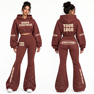 Women's Two Piece Hip Hop <b>Waffle</b> Tracksuit Printed Long Sleeve Hooded Top Full Length Slim Fit Matching Clothing - Product Image 3