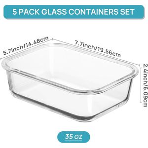 Lot de 5 récipients en verre de 35 oz pour la préparation des repas avec couvercles hermétiques, ensemble de rangement alimentaire écologique réutilisable, compatible four - Product Image 2