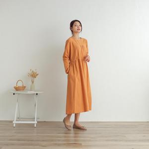 Robe longue décontractée pour femme, élégante, orange, col rond, coupe ample, avec taille à volants, robe midi décontractée - Product Image 1