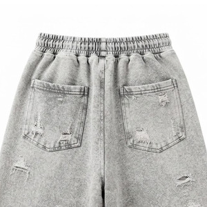 Men's Ripped Washed Denim Bermuda <b>Shorts</b> Elastic Waist <b>Wide</b> <b>Leg</b> Streetwear with Red Floral Side Print - Product Image 3