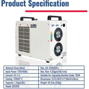 Enfriador de Agua Industrial de 6L para Máquinas de Grabado y Corte Láser de CO2 de 40W-150W, 4.23gpm, 4.5-7A, Corriente de 80W, 130W, 60W, 40W - Product Image 4