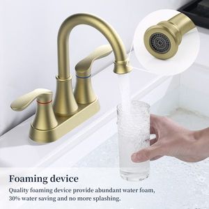 Rubinetto per lavabo a 2 maniglie color oro spazzolato con beccuccio girevole ad arco alto a 360°, interasse 4 pollici, con scarico a scomparsa e tubi di alimentazione - Product Image 5