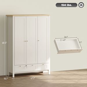 Armario de Dormitorio Blanco con Cajones con Cerradura, 3 Puertas y Barra para Colgar Ropa, Armario con Estantes de Almacenamiento - Product Image 3
