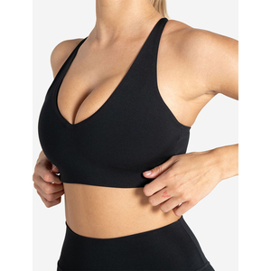 Sujetador deportivo negro con logo personalizado, talla grande, ajustable por delante y con abertura en la espalda, liso, de alta elasticidad para fitness de mujer adulta - Product Image 1