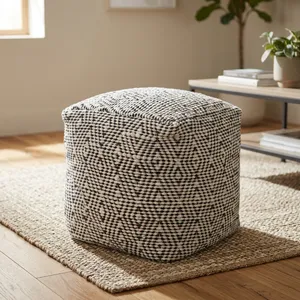 Black and White Woven Cube Pouf Ottoman Soft Cushioned Footrest Modern Floor <b>Stool</b> for Living Room Bedroom Home Decor - Product Image 5