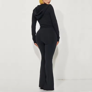 Ensemble de survêtement violet pour femme avec fermeture éclair sur le devant, pantalon évasé à manches longues, combinaison sexy unie extensible pour le printemps - Product Image 5
