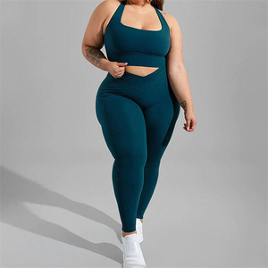 Plus Size Women 2 Piece Yoga Set Square Neck <b>Crop</b> Top High Waist Full Length <b>Leggings</b> Seamless Solid Color Spandex Polyester - Product Image 1