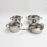 En gros, Ensemble de 4 pièces de batterie de cuisine de luxe en acier inoxydable argenté martelé, comprenant casseroles et poêles, avec boutons en forme de citrouille