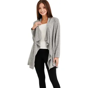 Diskon besar perlengkapan musim dingin terbaik jaket Sweater bahan campuran katun panjang kardigan rajutan datar dasar wanita abu-abu untuk dijual