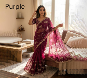 Sari de seda morado elegante con bordado dorado para bodas, ropa india y pakistaní de longitud completa y corte regular para mujer - Product Image 1