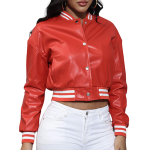 <b>Pink</b> PU Leather Varsity <b>Jacket</b> Women's Short Cropped Full Sleeve Turn-down Collar Solid Color Contrast Trim Autumn Wear - Product Image 3
