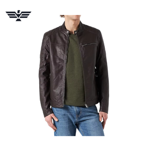 Chaqueta de Motociclista para Hombre, de Cuero Genuino Marrón, Transpirable, con Relleno, Cuello Alto, Cierre de Cremallera, Color Sólido, Corte Ajustado, para Otoño - Product Image 1