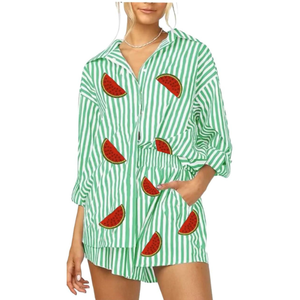 New Trending Casual Wear Women Two Piece <b>Set</b> Turn-down Collar Short Sleeve Sequined Knee 100% Cotton Eco-Friendly Breathable - Product Image 4