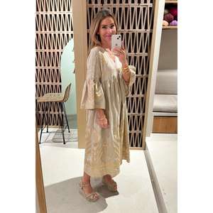 Robe longue bohème élégante bleu clair pour femme, col en V, manches bouffantes, imprimé doré, coupe ample, en coton, style kaftan avec pompons, idéale pour l'été - Product Image 3