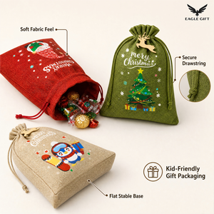 Sacs cadeaux personnalisés en jute écologiques avec cordon de serrage pour Noël, pochettes rustiques pour bonbons, ensemble pour fêtes de fin d'année - Product Image 3
