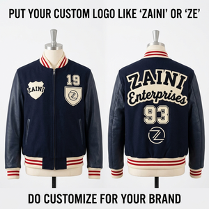 Chaqueta Varsity ZAINI ZE-005 850 GSM Premium con Mangas de Lana Melton Azul Marino, Resistente al Viento, con Parche Personalizado y Logotipo Bordado - Product Image 1