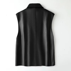 Chaleco de cuero para mujer, marrón, informal, sin mangas, con cuello redondo y cremallera, top de otoño, superventas, a la moda, estilo motero, prenda exterior, abrigo, tops - Product Image 2