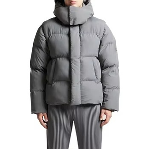 เสื้อแจ็คเก็ตพัฟเฟอร์ดีไซน์หรูทรงโอเวอร์ไซส์สำหรับผู้ชาย สีเทา สไตล์มินิมอล ทรงบ็อกซี่ คอสูง ผลิตตามแบบ OEM เสื้อโค้ทกันหนาวสำหรับใส่เดินเล่นในเมือง - Product Image 3