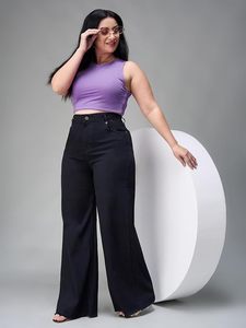 Jeans pour femmes 100% coton, pantalon en denim à jambes larges, longueur entière, coupe régulière, noir uni, style décontracté, sexy, vintage - Product Image 5