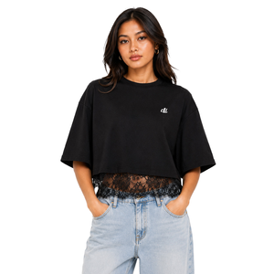 Chemisier court ample et oversize pour femme, avec empiècements en dentelle de luxe, épaules tombantes, 100% Coton, manches courtes, haut décontracté DTG - Product Image 1