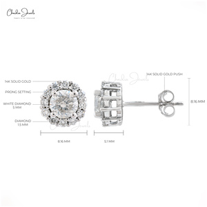 Fabricante Confiable de Alibaba, Pendientes de Diamantes Blancos de 1.24CTW con Halo, Pendientes de Oro Blanco Sólido de 14K, Joyería para Bodas - Product Image 3