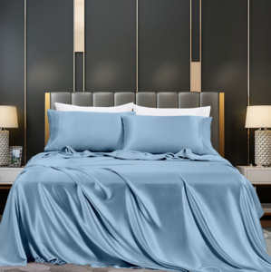 Ensemble de draps en satin bleu acier de luxe avec taies d'oreiller soyeuses, collection de literie élégante et lisse pour la chambre à coucher - Product Image 2