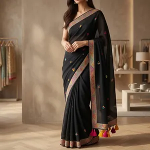 Sari de Algodón Negro con Trabajo de Espejos y Pompones, Estilo Banarasi Indio Bollywood, para Fiestas, Precio Bajo, Material Modal Organza - Product Image 4