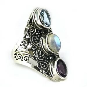 Bagues en argent sterling 925 avec améthyste pure, pierre de lune arc-en-ciel et topaze bleue, bijoux indiens en argent, style bohème, troisième collection - Product Image 1